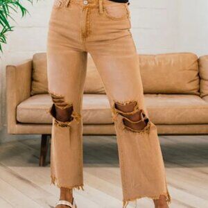 COPY - Vervet Butterscotch Distressed Cropped Flare Jeans